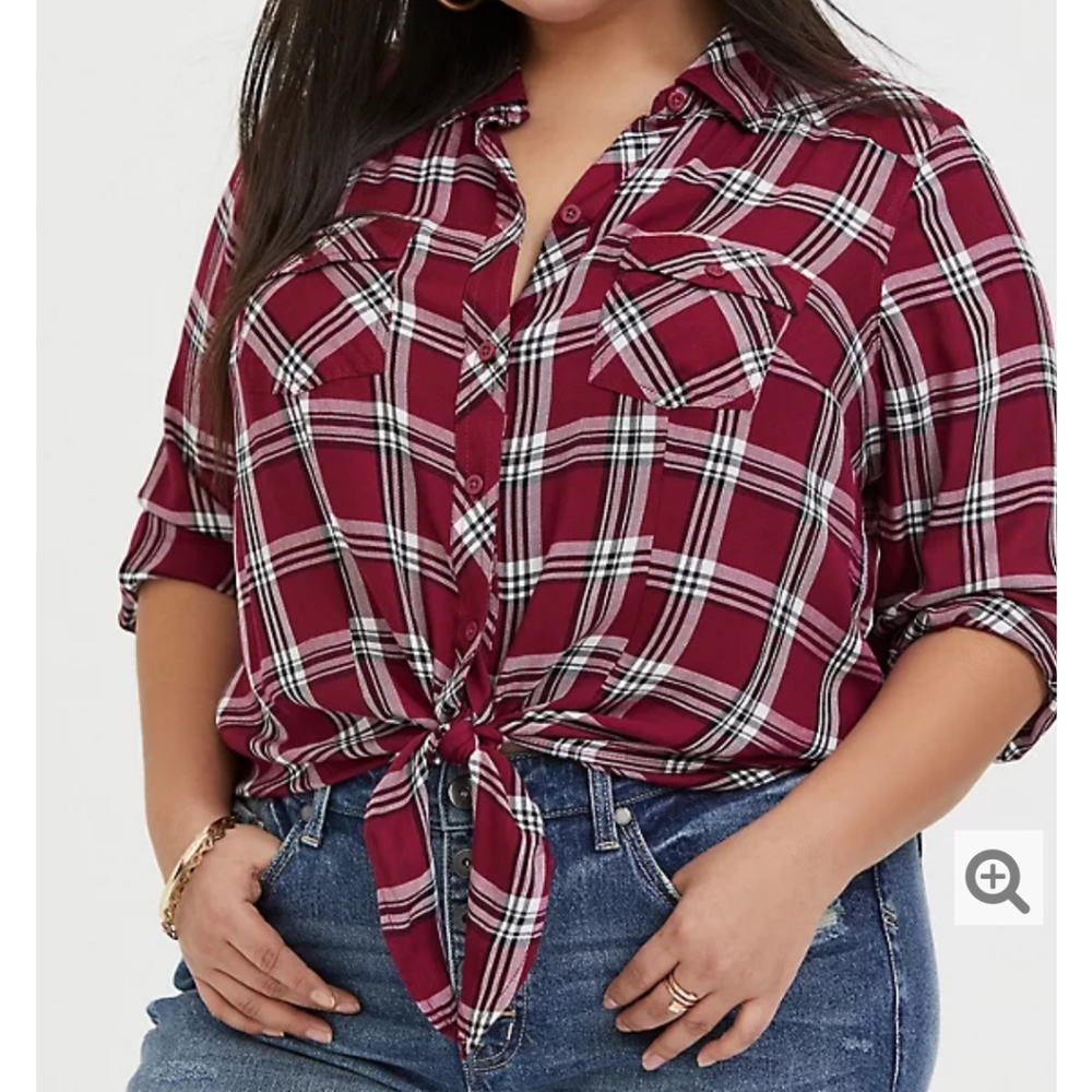 TORRID PLAID TWILL TIE FRONT SLIM FIT MIDI SHIRT